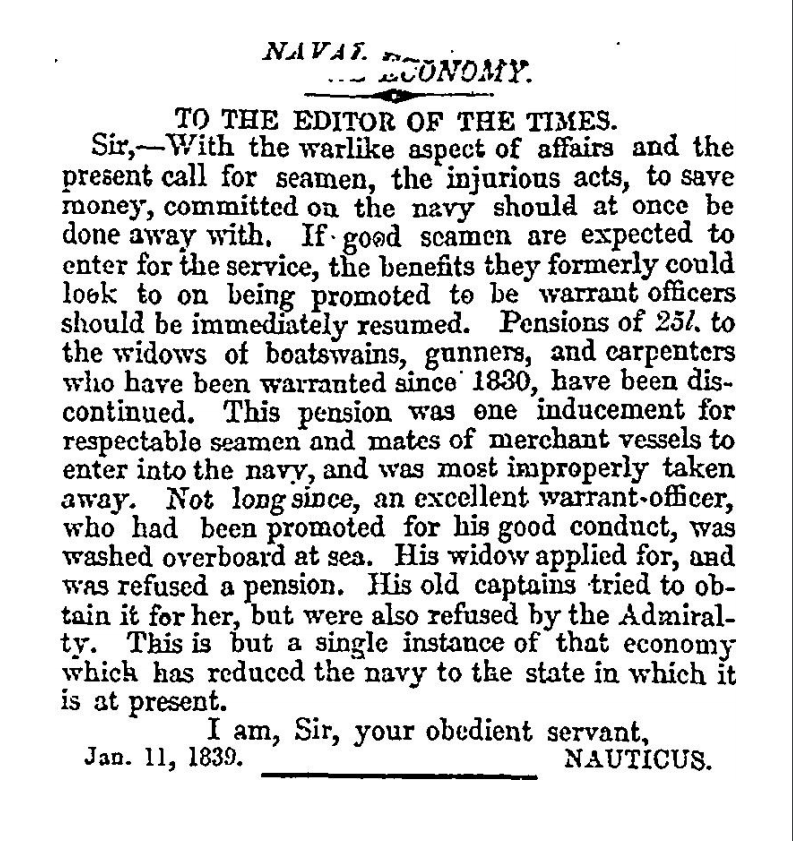 Nauticus, "Naval Economy", Times (12 January 1839), p.5. Letter supplied courtesy of The Times.